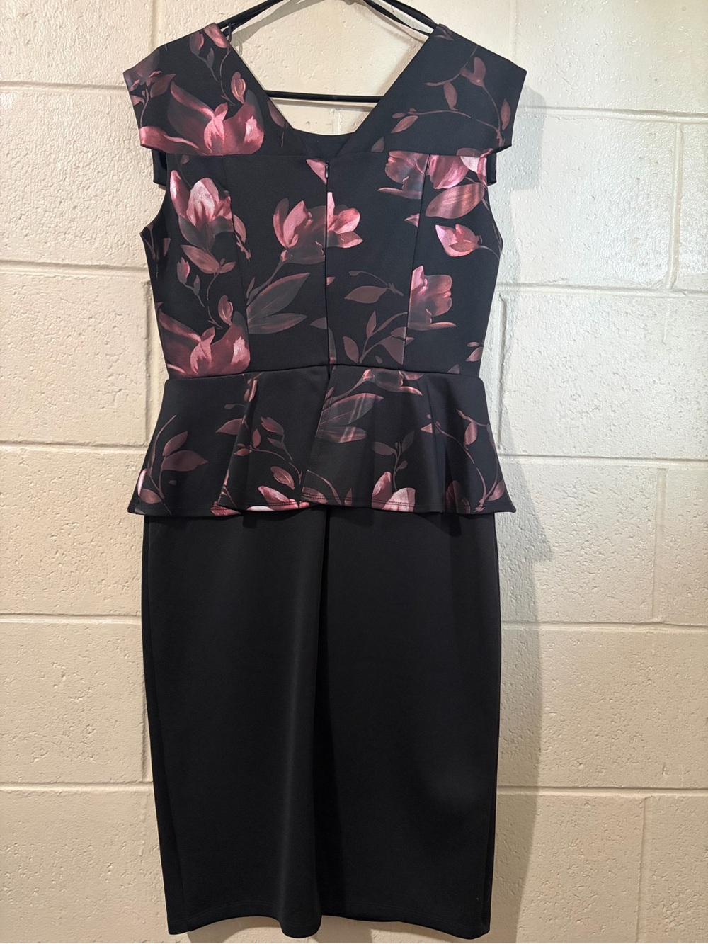 Black Peplum Sheath Dress with Pink Floral Print